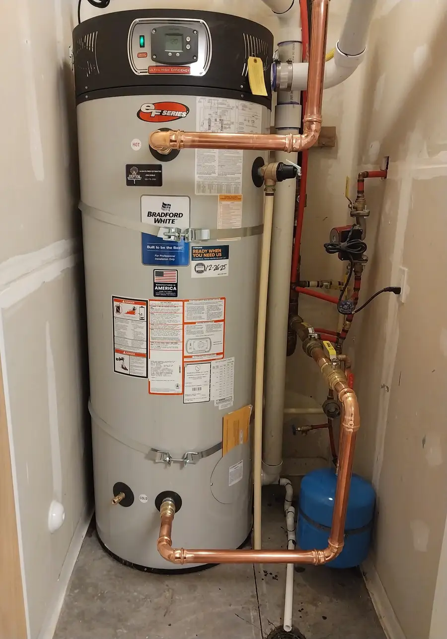 New high-efficiency gas water heater replacement with copper piping and expansion tank